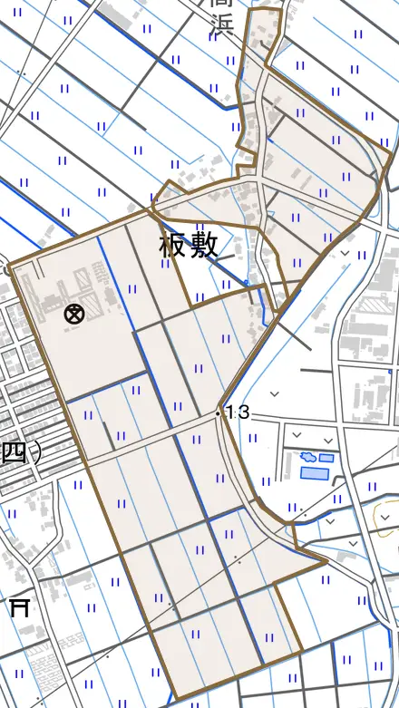 板敷とその周辺の地図。町の範囲を重ねている