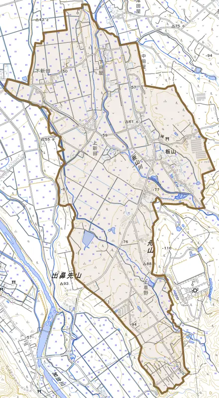 板山とその周辺の地図。町の範囲を重ねている