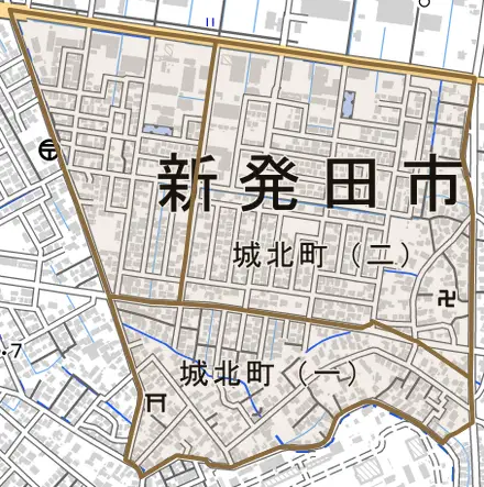 城北町とその周辺の地図。町の範囲を重ねている