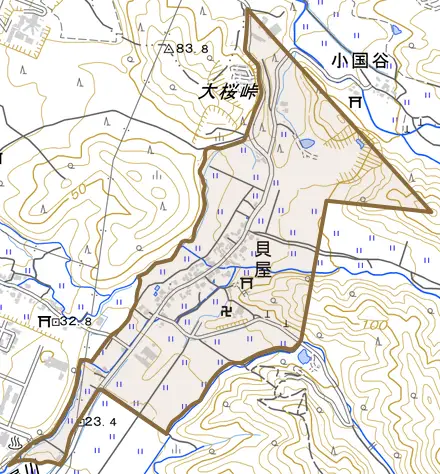 貝屋とその周辺の地図。町の範囲を重ねている