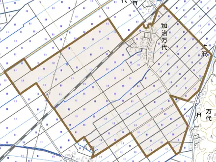 加治万代とその周辺の地図。町の範囲を重ねている