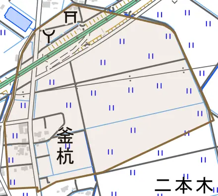 釜杭とその周辺の地図。町の範囲を重ねている