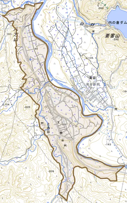 上赤谷とその周辺の地図。町の範囲を重ねている
