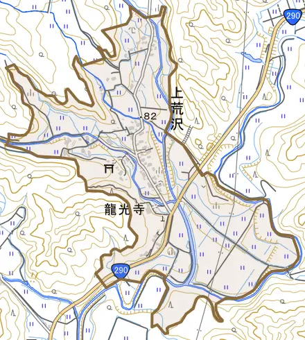 上荒沢とその周辺の地図。町の範囲を重ねている