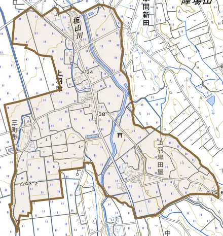 上羽津とその周辺の地図。町の範囲を重ねている