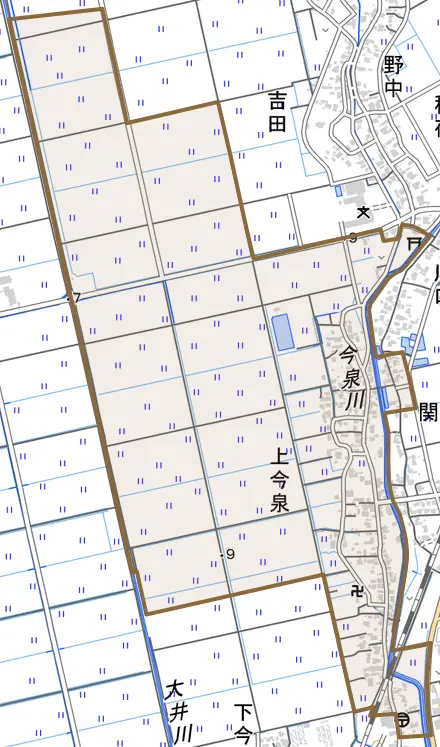 上今泉とその周辺の地図。町の範囲を重ねている