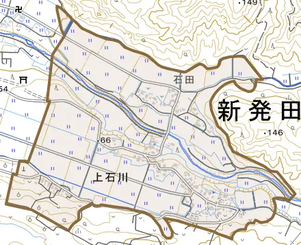 上石川とその周辺の地図。町の範囲を重ねている