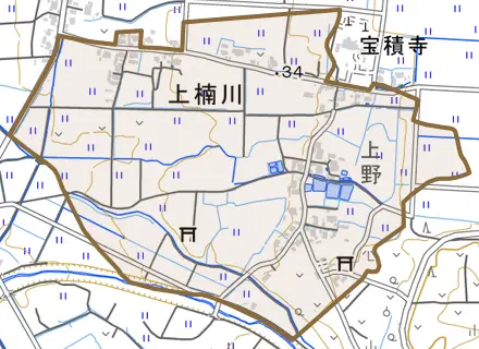 上楠川とその周辺の地図。町の範囲を重ねている