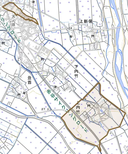 上内竹とその周辺の地図。町の範囲を重ねている