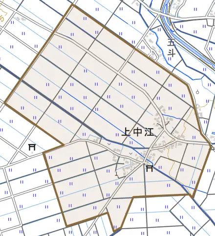 上中江とその周辺の地図。町の範囲を重ねている