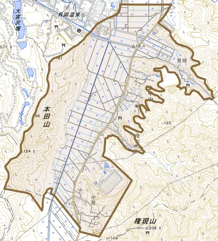 上中山とその周辺の地図。町の範囲を重ねている
