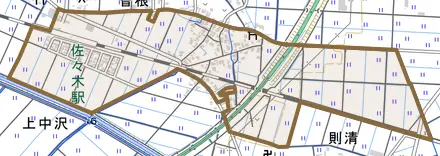 上中沢とその周辺の地図。町の範囲を重ねている