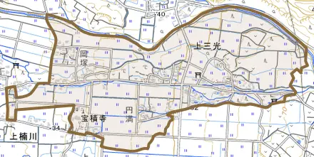 上三光とその周辺の地図。町の範囲を重ねている