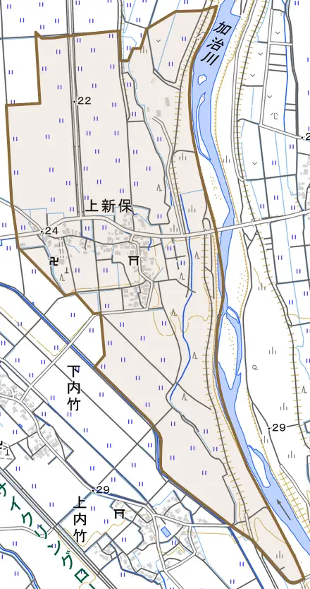上新保とその周辺の地図。町の範囲を重ねている
