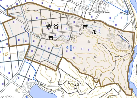 金谷とその周辺の地図。町の範囲を重ねている