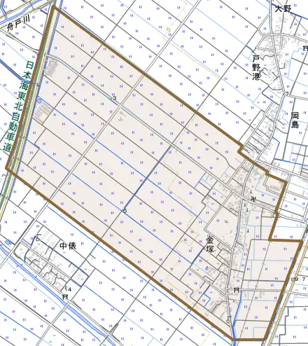 金塚とその周辺の地図。町の範囲を重ねている