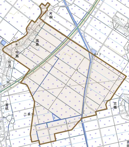 片桐とその周辺の地図。町の範囲を重ねている