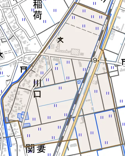 川口とその周辺の地図。町の範囲を重ねている