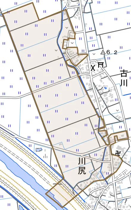川尻とその周辺の地図。町の範囲を重ねている