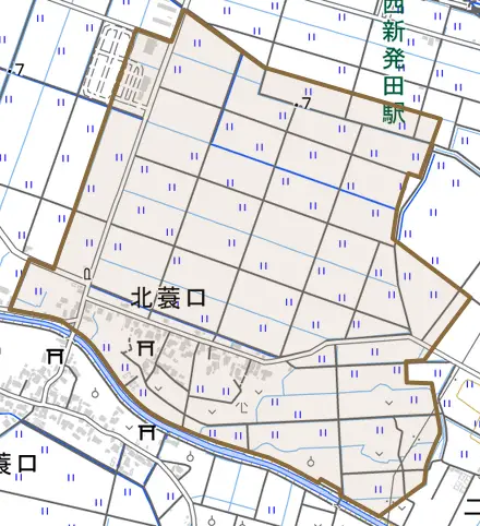 北蓑口とその周辺の地図。町の範囲を重ねている