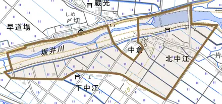 北中江とその周辺の地図。町の範囲を重ねている