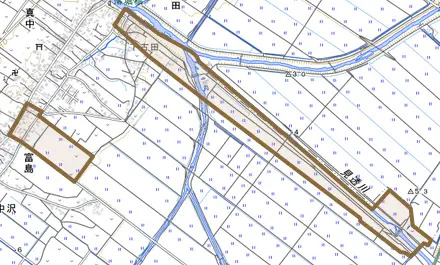 古田とその周辺の地図。町の範囲を重ねている