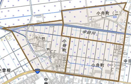 小舟町とその周辺の地図。町の範囲を重ねている
