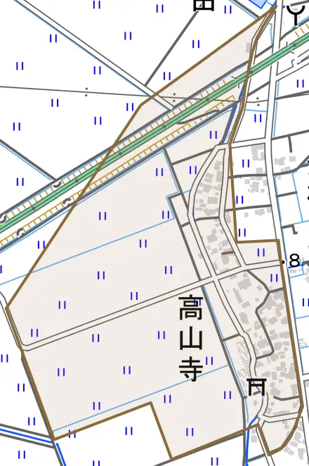 高山寺とその周辺の地図。町の範囲を重ねている