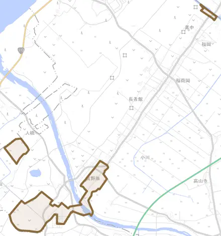 真野原とその周辺の地図。町の範囲を重ねている