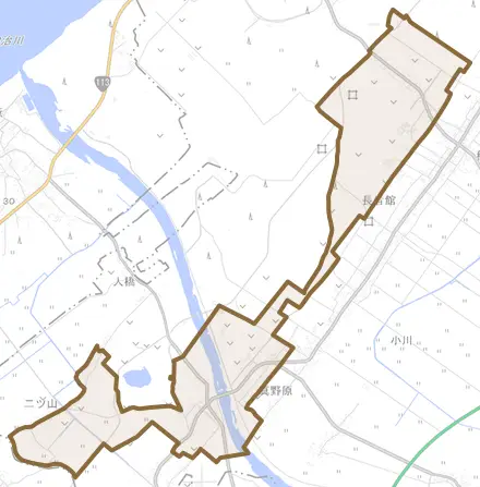 真野原外とその周辺の地図。町の範囲を重ねている