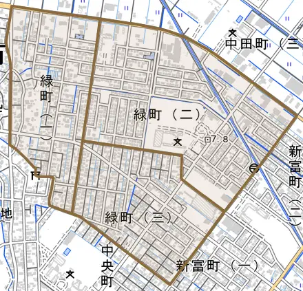 緑町とその周辺の地図。町の範囲を重ねている