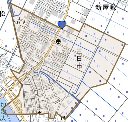 三日市とその周辺の地図。町の範囲を重ねている