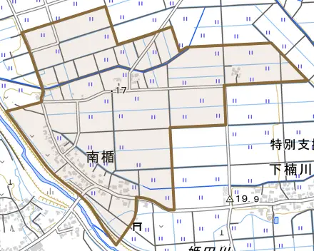 南楯とその周辺の地図。町の範囲を重ねている