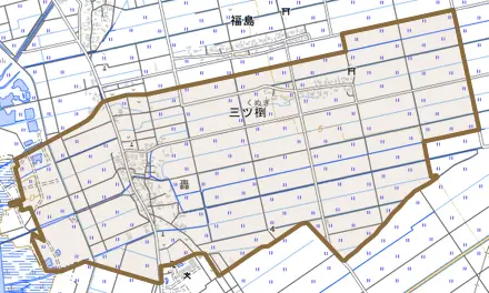 三ツ椡とその周辺の地図。町の範囲を重ねている