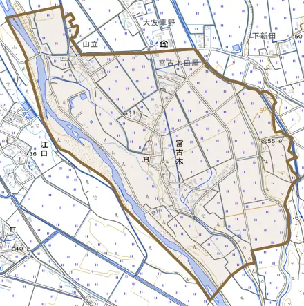 宮古木とその周辺の地図。町の範囲を重ねている