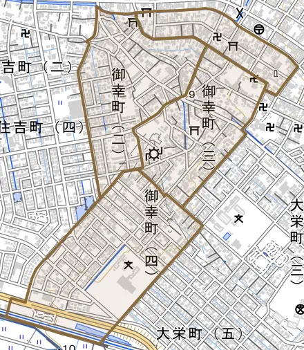 御幸町とその周辺の地図。町の範囲を重ねている