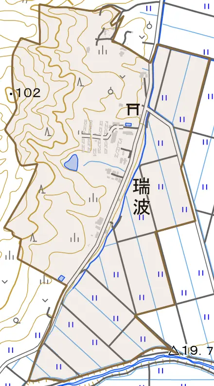 瑞波とその周辺の地図。町の範囲を重ねている