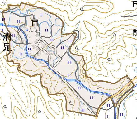溝足とその周辺の地図。町の範囲を重ねている