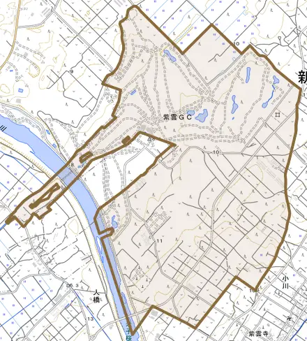 元郷とその周辺の地図。町の範囲を重ねている