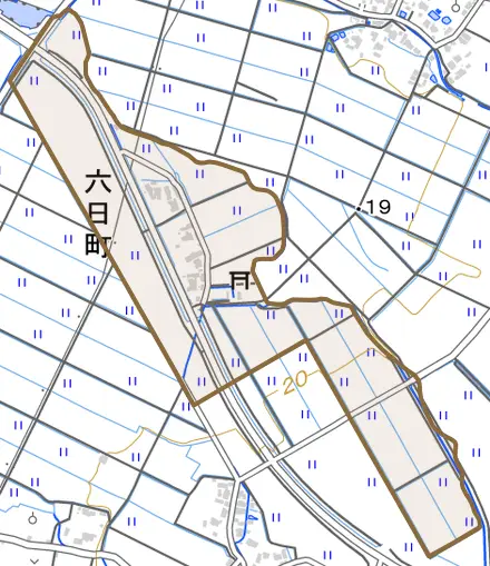 六日町とその周辺の地図。町の範囲を重ねている
