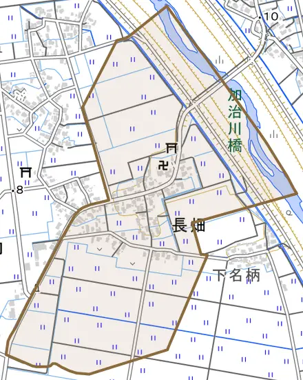 長畑とその周辺の地図。町の範囲を重ねている
