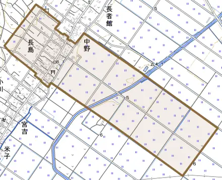 長島とその周辺の地図。町の範囲を重ねている