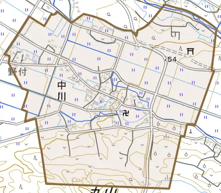 中川とその周辺の地図。町の範囲を重ねている