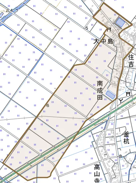 中島とその周辺の地図。町の範囲を重ねている