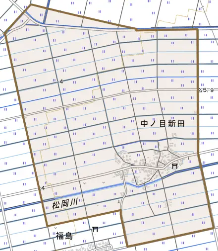 中ノ目新田とその周辺の地図。町の範囲を重ねている