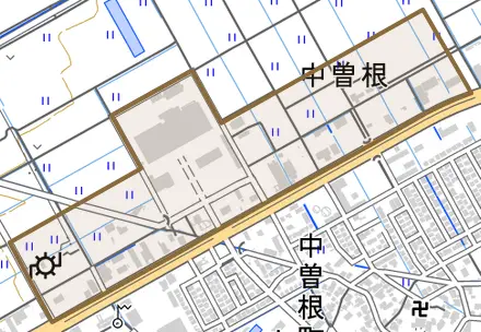 中曽根とその周辺の地図。町の範囲を重ねている