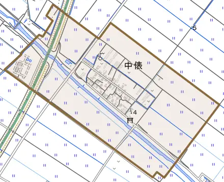 中俵とその周辺の地図。町の範囲を重ねている