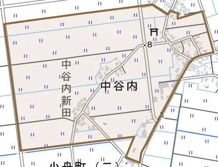 中谷内とその周辺の地図。町の範囲を重ねている
