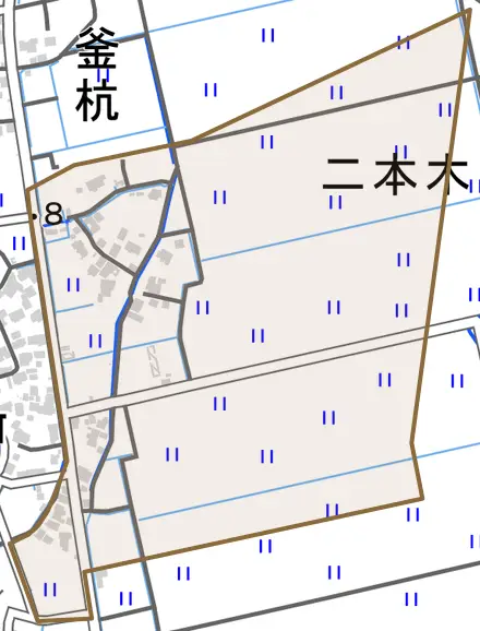 二本木とその周辺の地図。町の範囲を重ねている