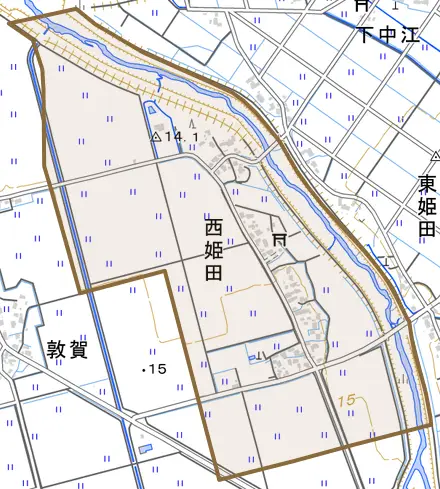 西姫田とその周辺の地図。町の範囲を重ねている